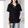 MODIQUE Весна Лето Большой Размер Новинка Женская Свободная Винтажная Блузка Рубашки Женская Повседневная Оверсайз Короткий Рукав V-образный Вырез Топ Элегантная Леди Однотонный Черный