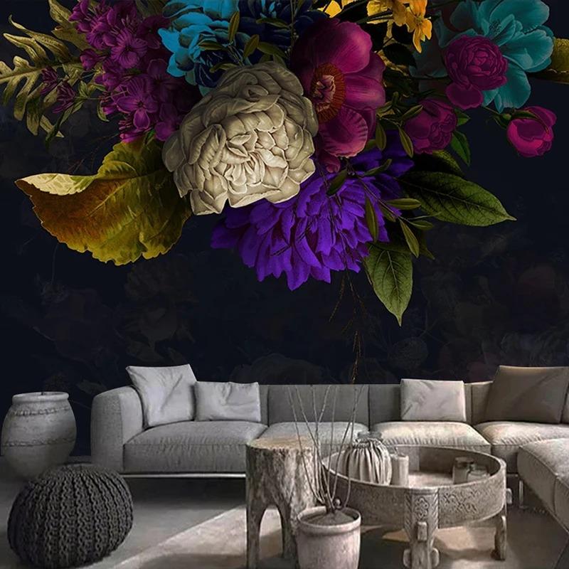 Индивидуальная фреска Ретро Цветок Черный фон Настенное украшение Живопись Отель Кабинет Спальня Обои Papel De Parede 3D