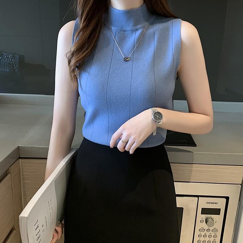 Модный вязаный топ-майка с полуворотником, летний женский повседневный однотонный жилет без рукавов