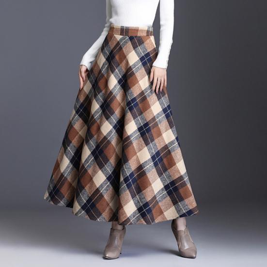 Женская шерстяная юбка с высокой талией и клетчатым принтом, юбка-трапеция, осень-зима, утолщенная юбка с большим подолом, повседневная одежда