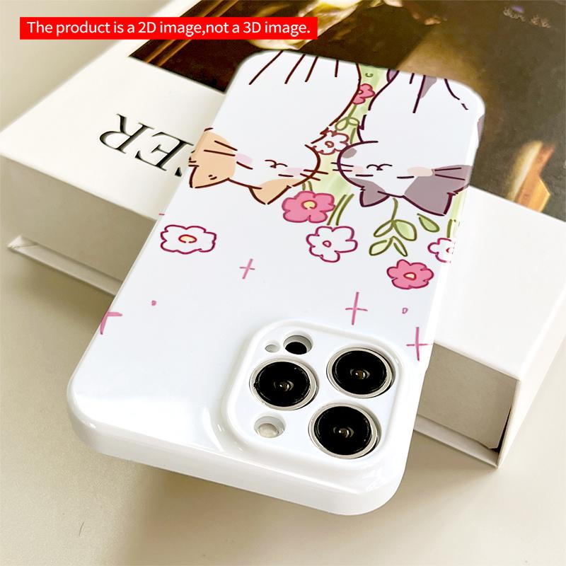 2DFlat Cute Cats in Flower Garden Phone Case All inclusive film hard iPhone case, compatible with iPhone 18 Pro Max 17 16 15 14 13 12 11