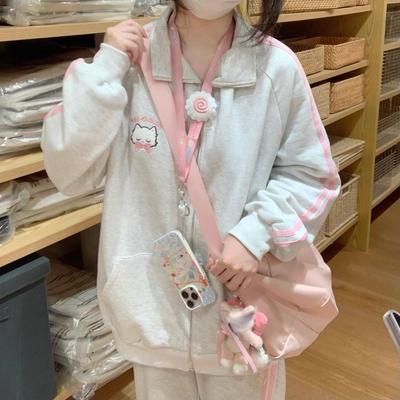 Японская мода Kawaii молния толстовка женская Harajuku милый розовый кот вышивка большой размер капюшон толстовка зима