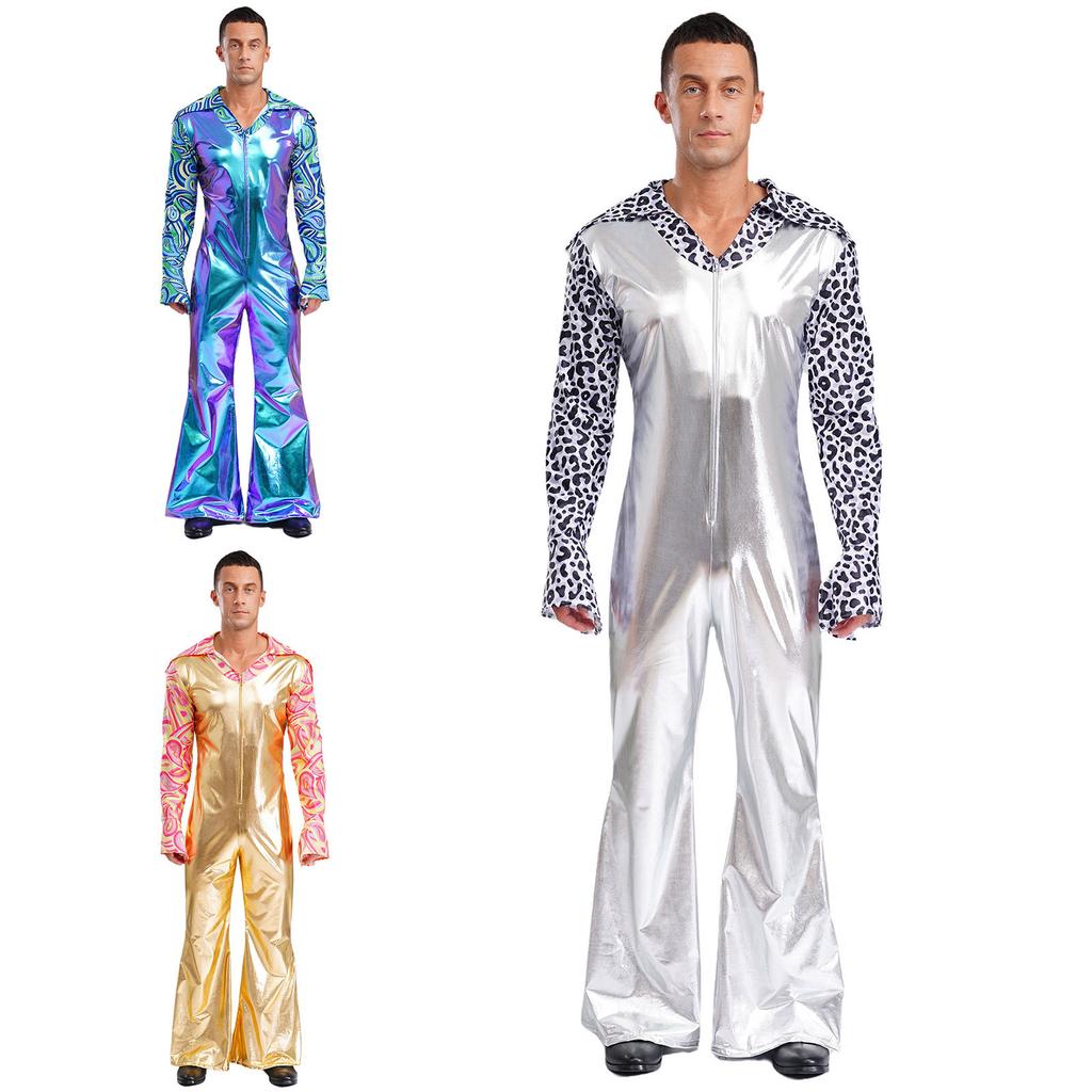 Мужской хиппи ромпер V-образный вырез лацканы расклешенные рукава клеш брюки комбинезон пэчворк дизайн одежда для музыкального фестиваля