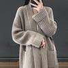 Осень Зима Женский Кардиган Свитер Лацкан Открытая Вязка Свободный Толстый Теплый Мягкий Эластичный Длинный Рукав Средней Длины Пальто Куртка Большой Размер Карманы