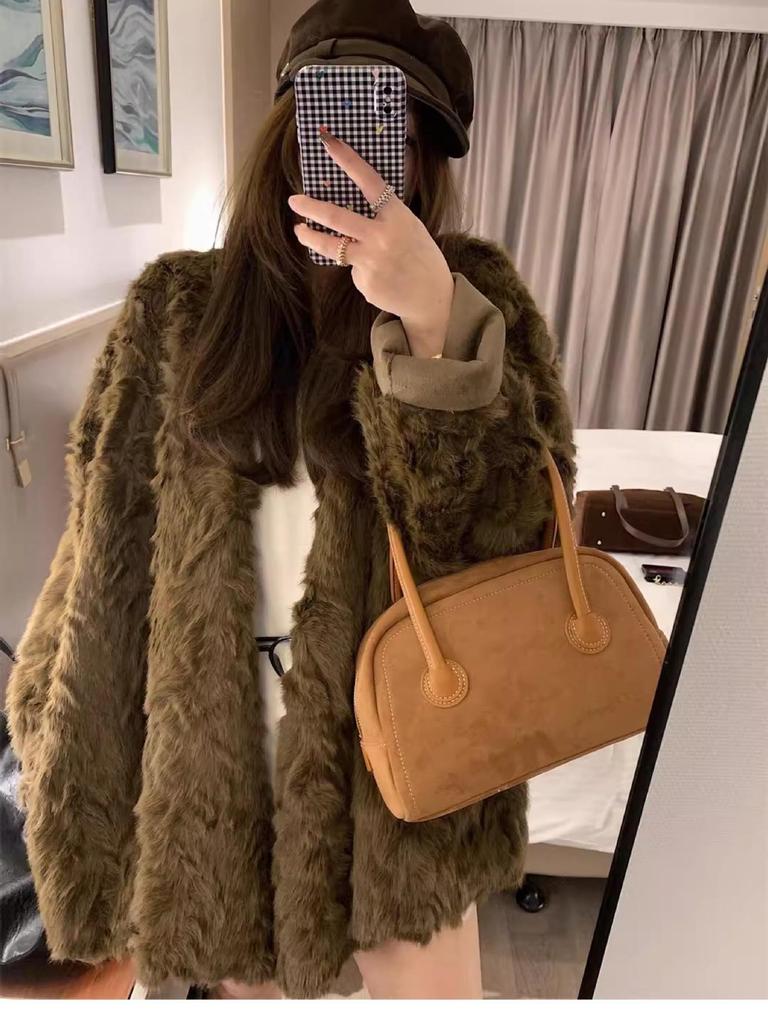 Женское пальто средней длины из искусственного меха норки и замши - Зимнее пальто оверсайз ленивого стиля с крашеными кончиками