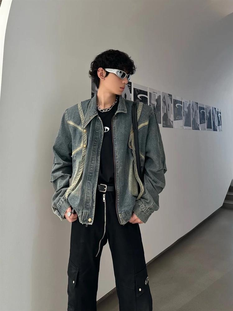 Men's American Retro Denim Jacket - Trendy Street Hip Hop Motorcycle Style for Autumn