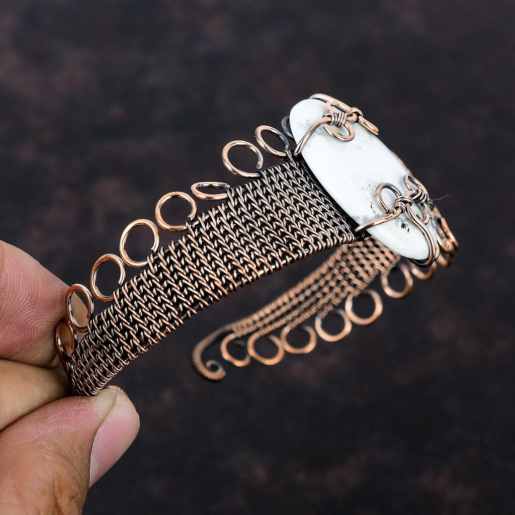 Howlite Cuff Bracelet Copper Wire Wrapped Bangle Gemstone Jewelry Adjustable Cuff Bracelet Copper Wire Jewelry Handmade Bangle Gift For Wife