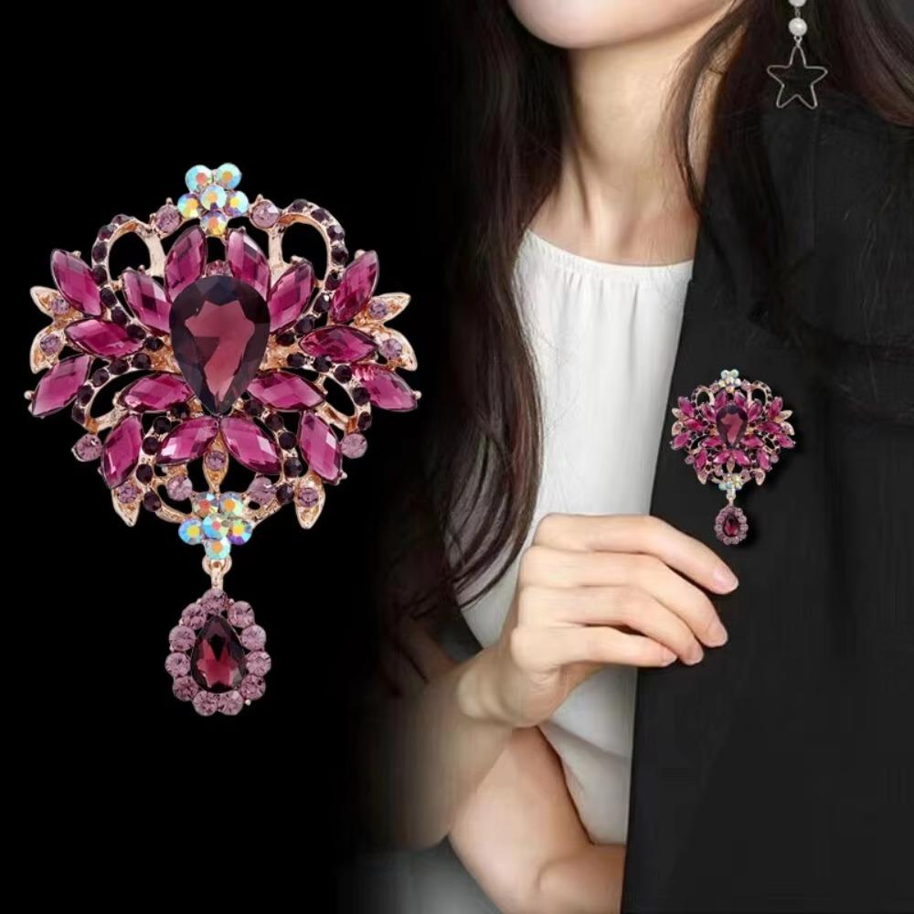 Multicolor Rhinestone Brooch Water-drop Dangle Brooch Vintage Crystal Brooch Evening Gown