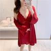 Women's Ice Silk Lace Pajama Set: Spring/Autumn Long-Sleeve Robe & Chest-Pad Nightdress