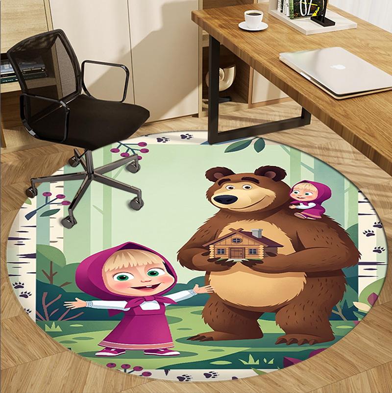 Masha and the Bear Pattern Round Rug, Indoor/Outdoor Mat, for Picnic, Gameroom, Bedroom, Office, Living Room, Home Decor Carpet, Birthday Gift