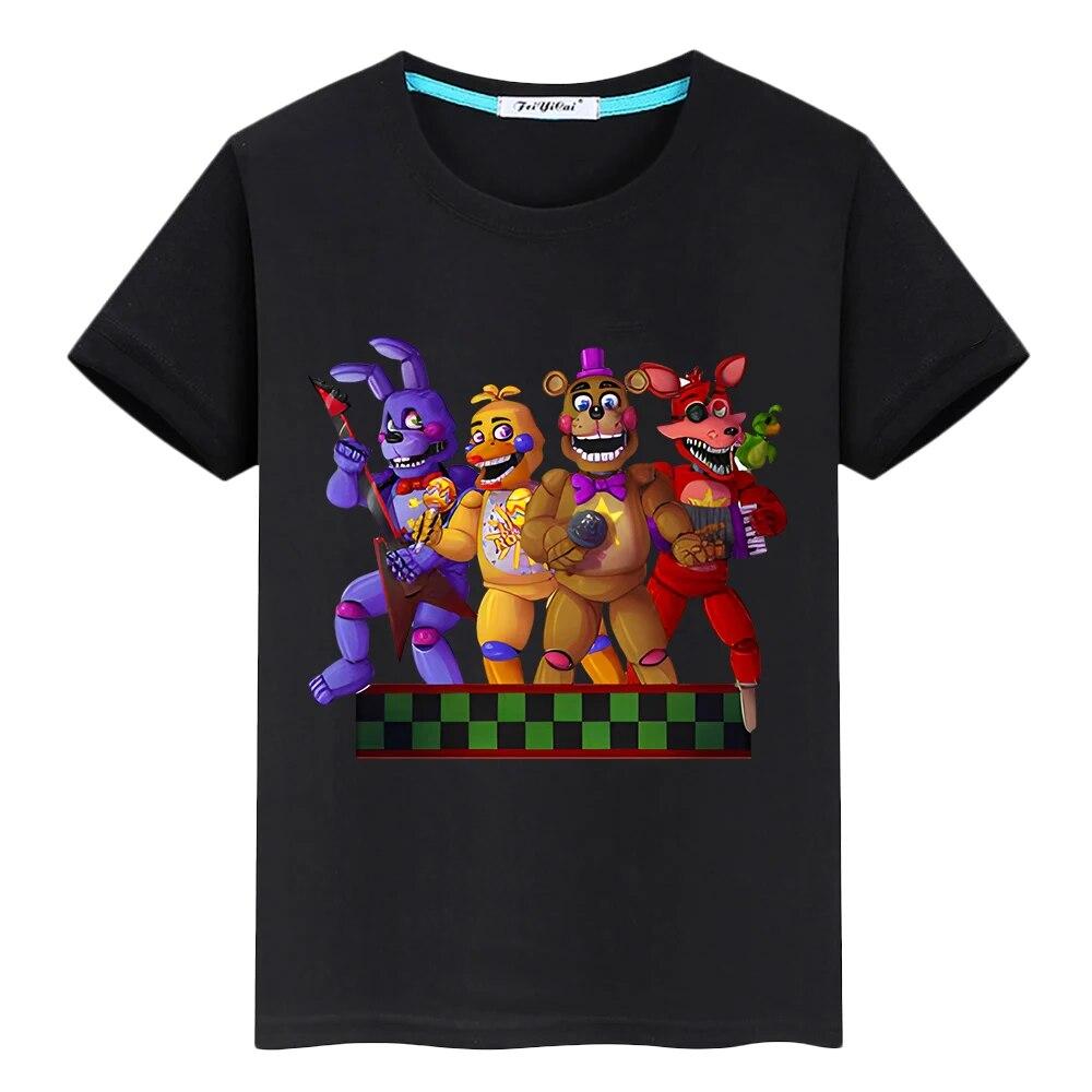 FNAF/летняя кавайная футболка из 100% хлопка, повседневные футболки с аниме для мальчиков y2k, цельные короткие топы с принтом медведя и кролика, детская одежда для девочек