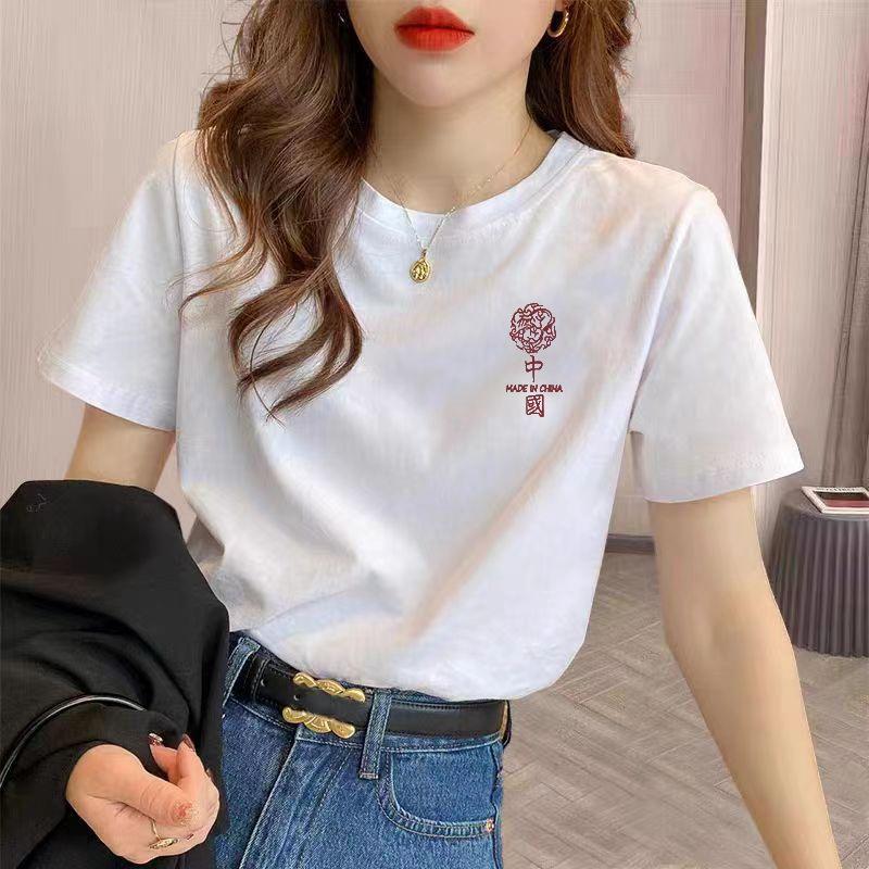 Women's Cotton T-shirt Short-Sleeved Summer Loose Design Printed Shoulder Top