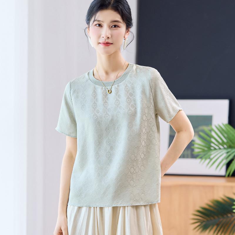 19mm Mulberry Satin Jacquard Pullover T-Shirt for Women