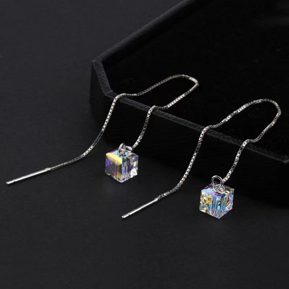 Korean Temperament Aurora Cube Sugar Crystal Sliver Color Snake Chain Long Tassel Ear Thread Dangle Earrings for Women Jewelry