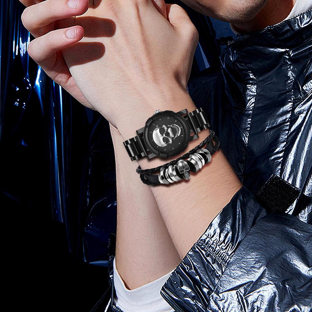 Skull Watch Bracelet Analog Skeleton Waterproof Leather Belt Black Quartz Watch Fashion Watch Day Birthday Christmas Day Boyfriend Gift Men's Set -