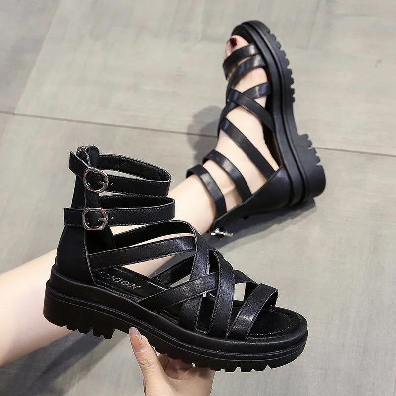 Sandals Women's Summer New Fashion After Zipper Cool Boots Soft Leather Open-toe Hollowed College Roman Shoes
