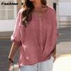 Ladies Summer Casual Linen Shirt Loose Blouse Half Sleeve Ladies Short Sleeve
