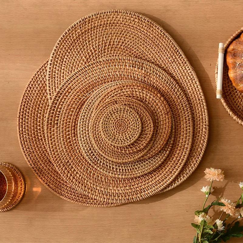 8-20cm Round Natural Rattan Cup Mat Coasters Hand Woven Hot Insulation Placemats Table Padding Kitchen Decoration Accessories