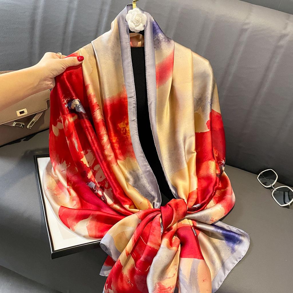 New Lijin Forging Silk Scarf Red Moonflower Printing Shawl Spring and Autumn Female Simulation Silk Scarf Versatile