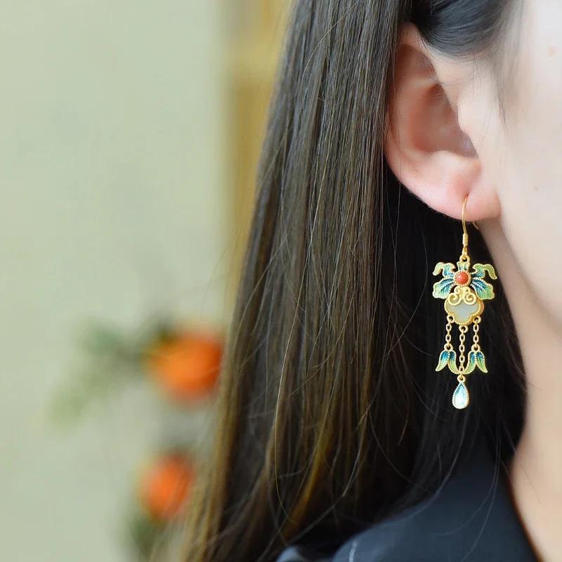 Natural Hetian White Jade Enamel Porcelain Tassel Earrings for Women Ancient Gold Craftsmanship Ancient Rhyme Court Jewelry