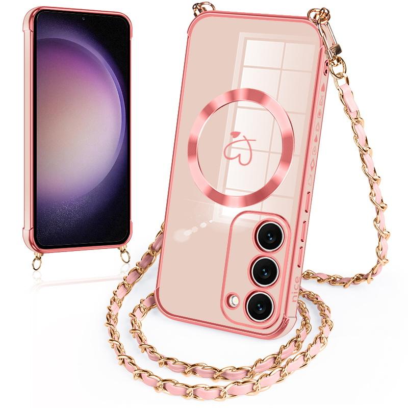 Для iPhone 17 16 Pro 15 14 Pro Max 13 Samsung S25 S24 Ultra S23 FE S22 S21 Чехол с гальваническим покрытием в виде сердца любви Для Magsafe Магнитный чехол для телефона с веревкой через плечо