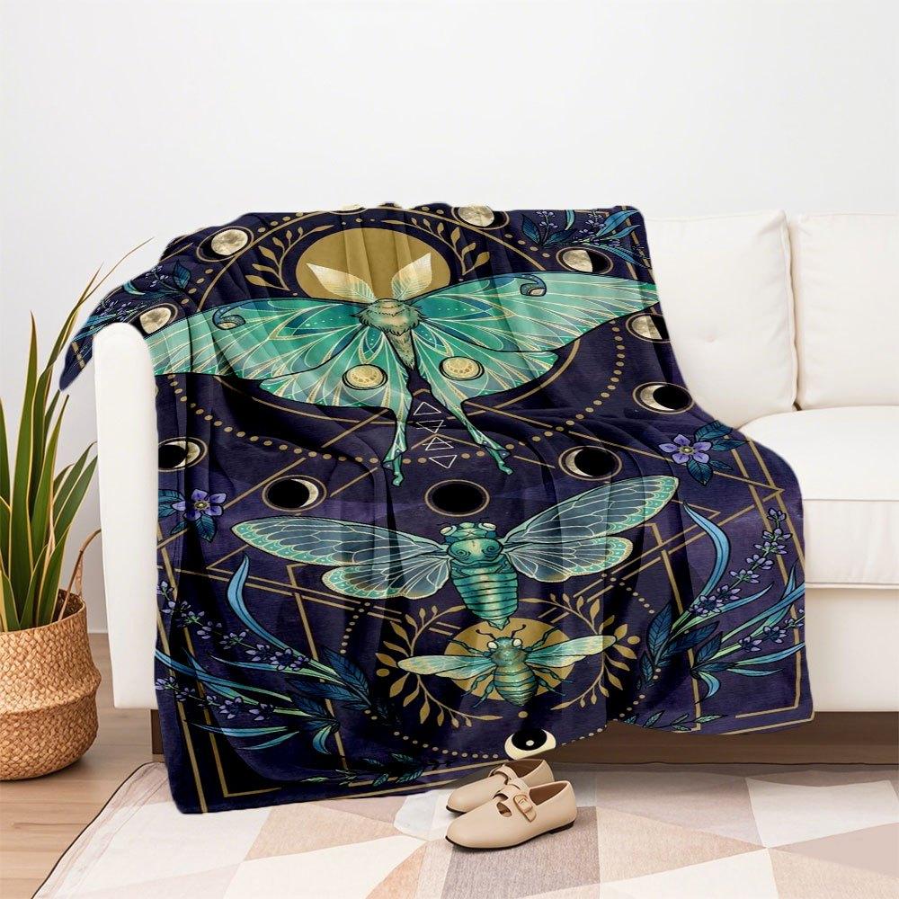 "Enchanted Moth & Cicada Art Print: Celestial Nature Decor"Blanket Flannel Throw Blanket for Sofa, Bed, Travel, Camping, Office, Couch, Chai