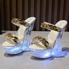 Женская обувь, пикантные шлепанцы на высоком каблуке со светящейся металлической пряжкой и кристаллами, серия 10365, каблук 14 см, платформа 4 см, LFD