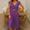 Women's Summer Cotton Linen Midi Dress V-Neck Short Sleeve Dress with Pockets Casual