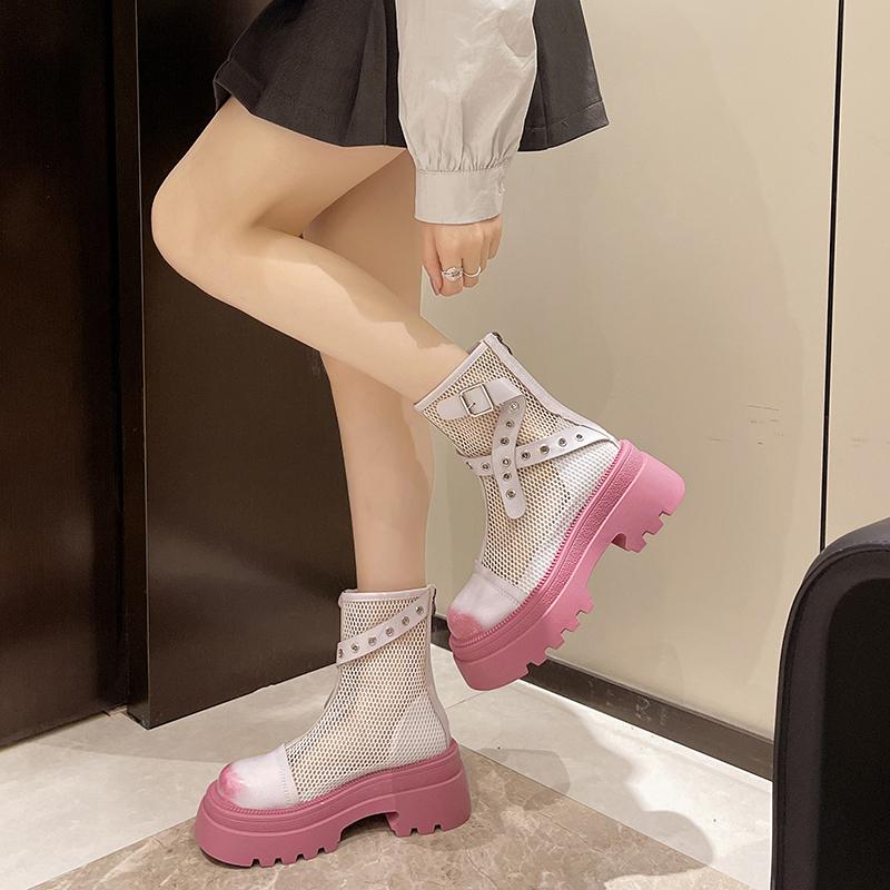 Модные ботильоны на блочном каблуке с охлаждением, осенние новинки, с круглым носком, панельные, из сетки, с заклепками, с пряжкой, на молнии сзади, на платформе, короткие ботильоны