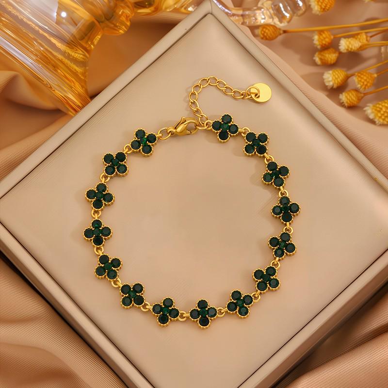 Роскошный браслет с четырехлистником: Позолоченная 18K, Невыцветающая Титановая Сталь с Алмазными Акцентами