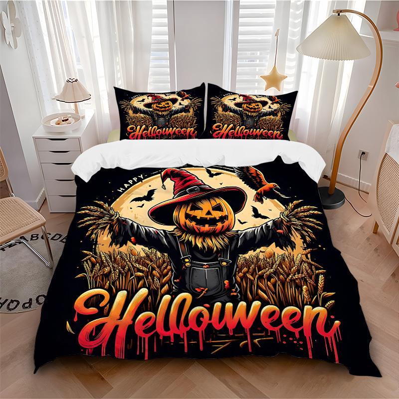 3pc Halloween Scarecrow Cover Set - 1 Quilt Cover + 2 Pillowcases, All Seasons Bedroom Setting, Perfect for Home058
