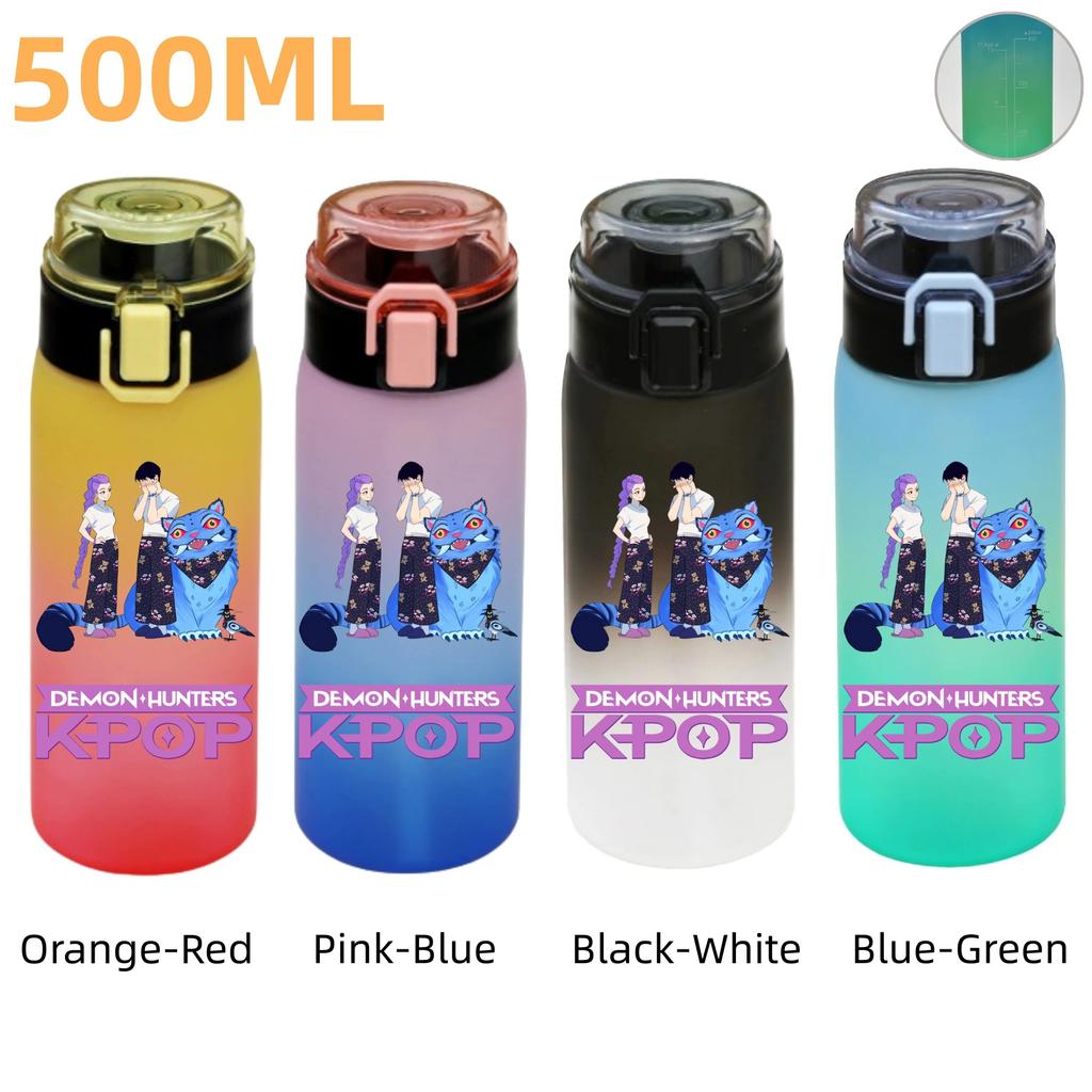 500ML KPop Demon Hunters Plastic Anime Water Cup Has Scale Travel Office Gym Hiking Portable Drink Bottles Outdoor Sport Gifts
