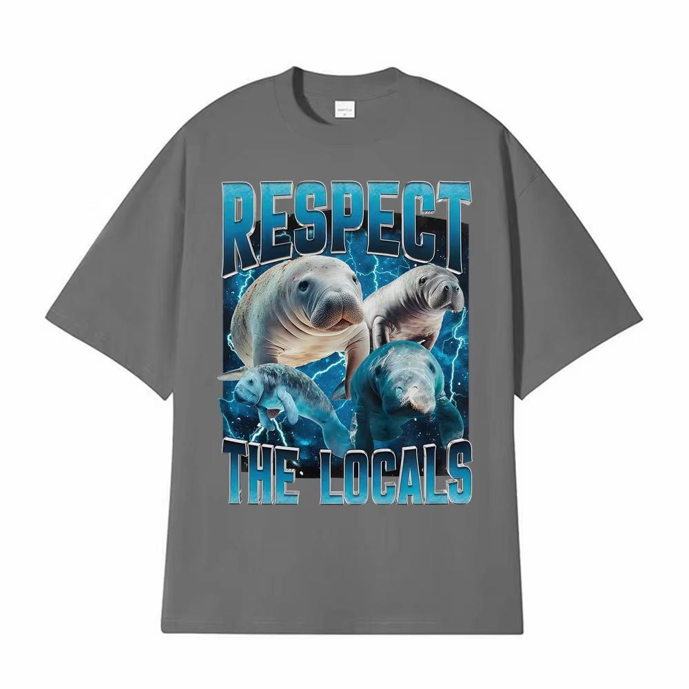 2026 Respect The Locals Wildlife Graphic T Shirt Funny Retro Manatee Meme Tee Shirt Men Women Casual Cotton Short Sleeve