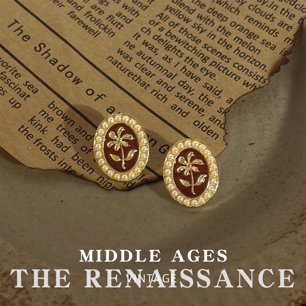 Vintage Burgundy Red Enamel Drop Earrings - Retro French Style Studs