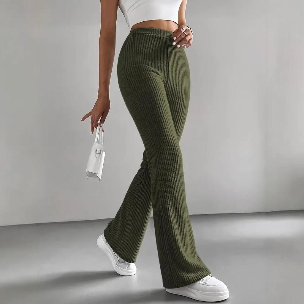 Womens Bell Bottom Pants  Casual Elastic Waist Trousers Solid Color Ribbed Knit Flare Pants