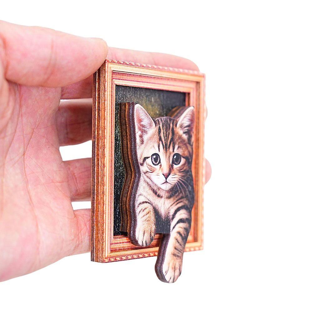 Oil Painting Style Wooden Frame Fridge Magnets 3D Wacky Cat Refrigerator Magnets Home Decoration