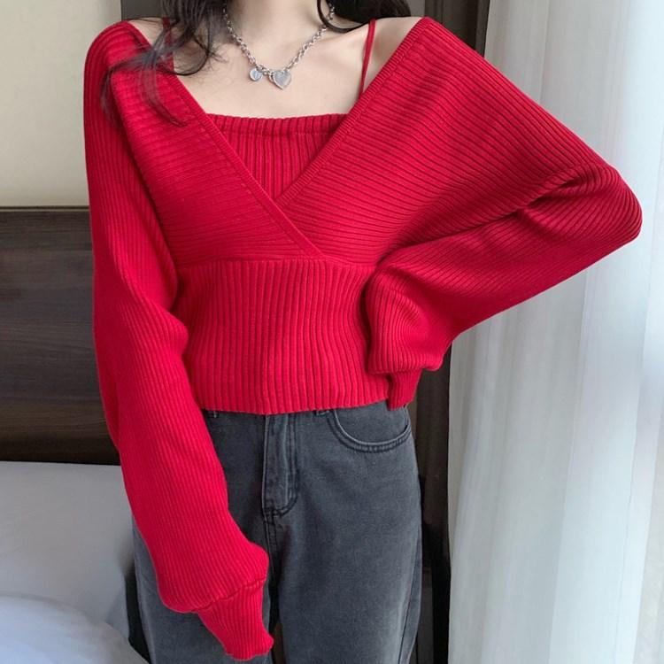 Поддельные два свитера, женские весенне-осенние вязаные свитера с v-образным вырезом, корейские короткие пуловеры