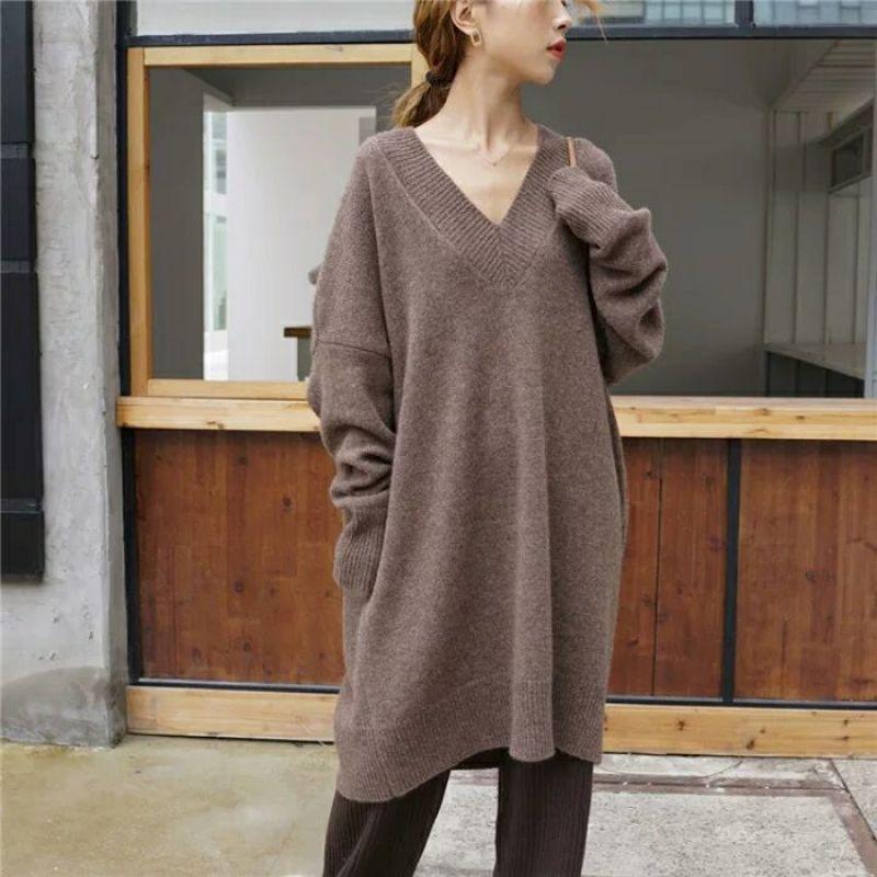 Tooxika Women's Autumn And Winter New Sweater V-neck Knitted Sweater Loose Large Size Solid Color Medium And Long Sweater For Women