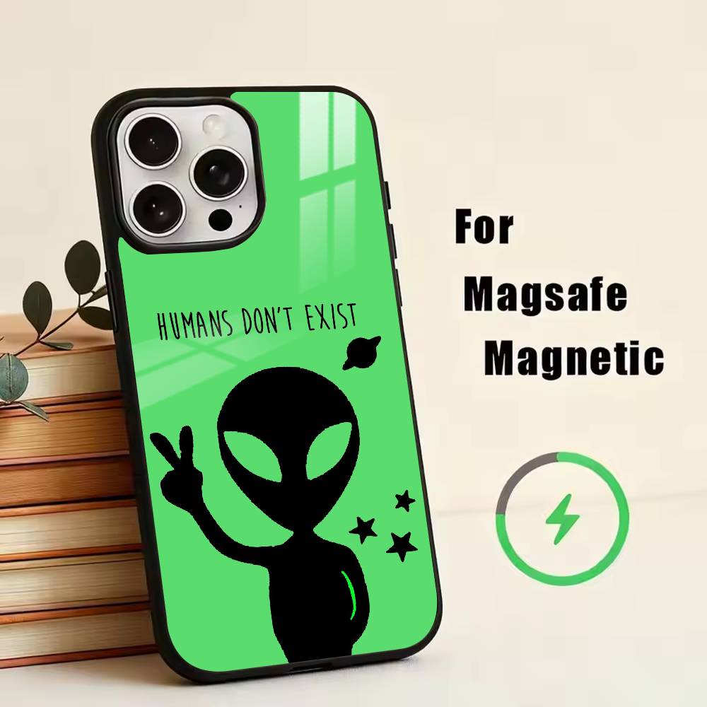 U- Смешной Космический НЛО Пришелец Чехол для Телефона Для iPhone17,16,15,14,13,12,11 Plus,Pro Магнитный с Magsafe Беспроводной Зарядкой