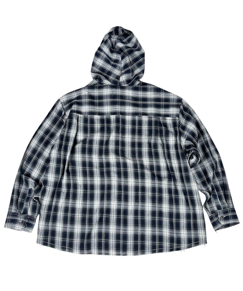 SK8ER ROCK Cross Cut-Off Tartan Check Hoodie Shirt ((Navy))