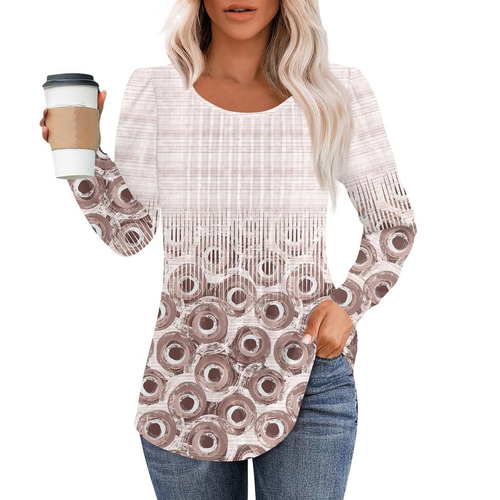 Рубашки с длинным рукавом для женщин, топы, нарядные повседневные блузки, плиссированные топы-туники с круглым вырезом