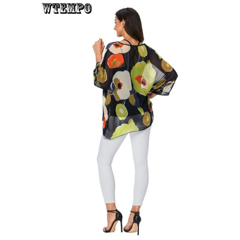 WTEMPO Женская летняя рубашка с цветочным принтом и рукавами «летучая мышь», топ, шифоновое пончо, повседневная свободная блузка
