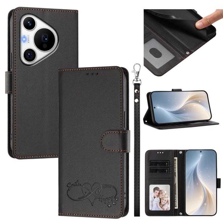 Happy Heart Pattern Magnetic Closure Vegan Leather Phone Case with Wrist Strap For Huawei Mate 60