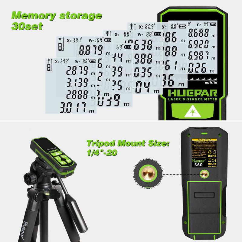 Huepar 60m/100m/120m Laser Rangefinder Digital Red Laser Distance Meter With LCD Screen,Area And Volume Measurement Function S60