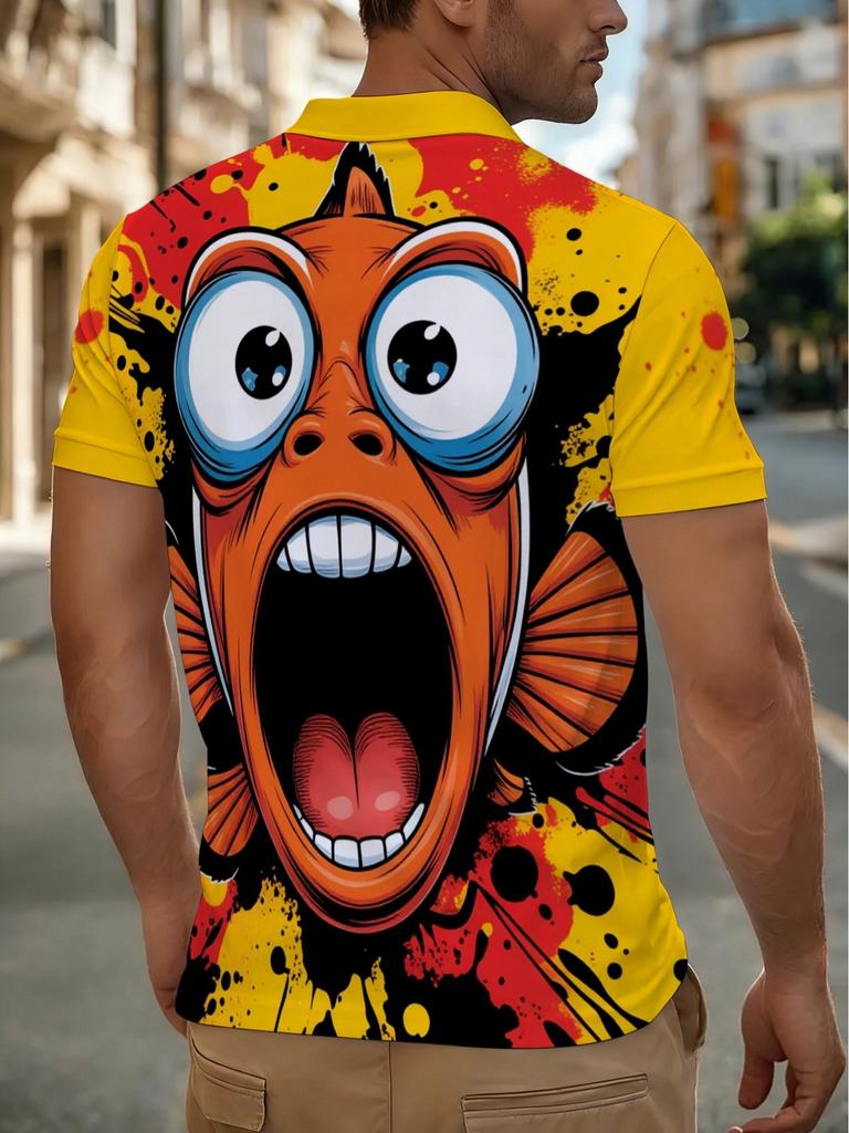 Men's Polo Shirt with Fun Fish Print, Lightweight and Durable, Vibrant Yellow and Red Contrast Color Design, Comfortable and Snug Fit for Casual Wear