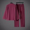 Мужской комплект из хлопка и льна в китайском стиле, мужской, с воротником-стойкой, на пуговицах-лягушках, костюмы Тан, свободный, повседневный, дышащий, осенний наряд