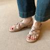 Sheepskin Version~ Open-toed Leather Sandals Women's French Round Head Back Strap Flats Comfortable To Wear Breathable Roman Shoes