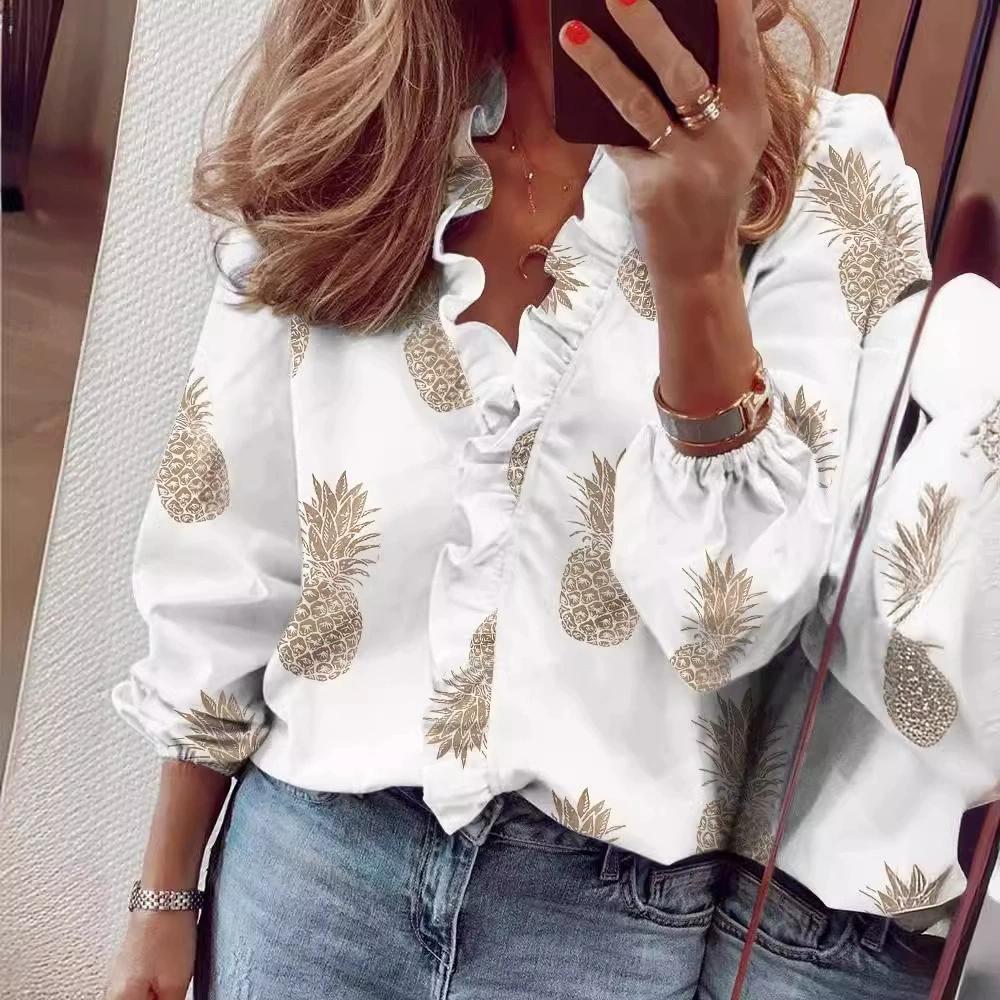 Spring and Summer New European and American Long Sleeved Ruffled Shirt Women's Shirt