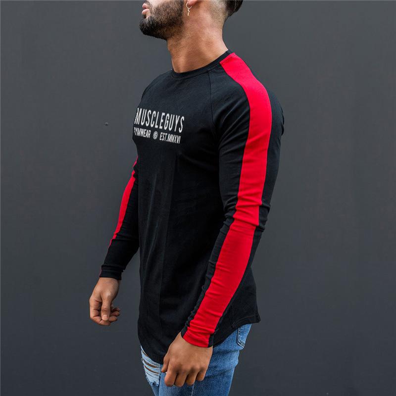 Muscleguys Letter Printed Long Sleeved T-Shirts Mens Sports Undershirts Color Block Tees