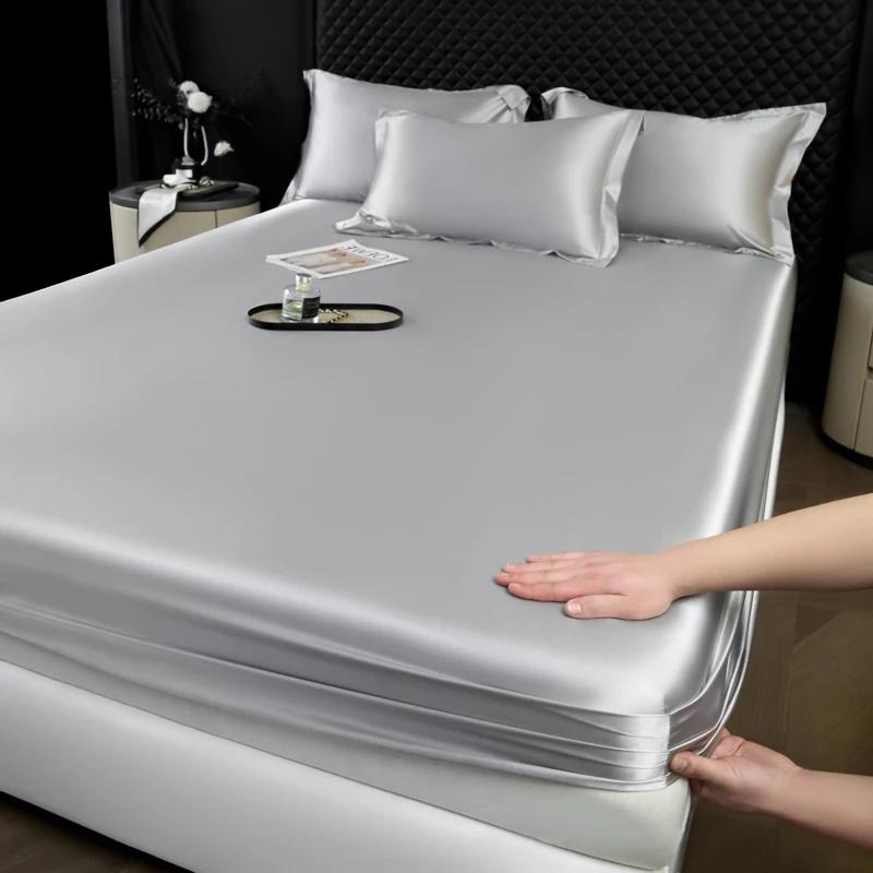 1 шт. Сатин Эластичная Натяжная Простыня Однотонный Чехол на Матрас для Односпальной Двуспальной Двуспальной Кровати King Queen Full Twin Простыня Сатин Постельное Белье